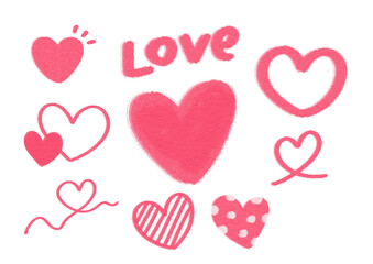 Pink hand drawn heart collection with playful textures and scribble accents conveying affection and joy