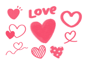 Pink hand drawn heart collection with playful textures and scribble accents conveying affection and joy