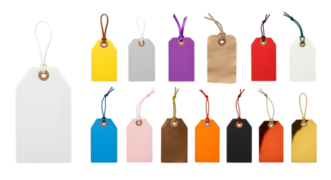 Collection of colorful blank tags with strings isolated on transparent background, ready for customization and labeling purposes
