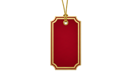 A blank red and gold decorative gift tag hanging by a gold string, isolated on transparent background
