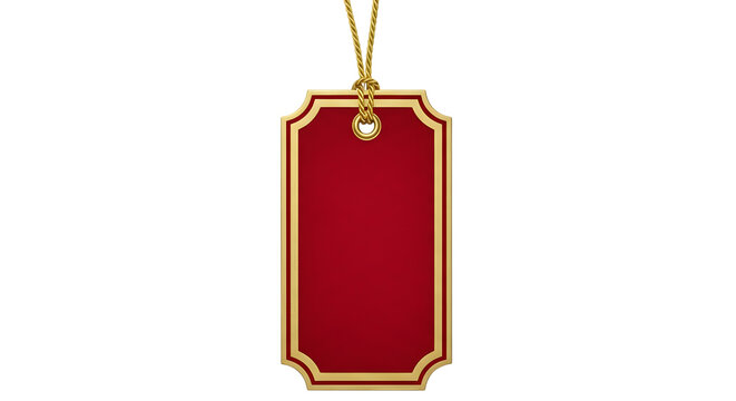 A blank red and gold decorative gift tag hanging by a gold string, isolated on transparent background