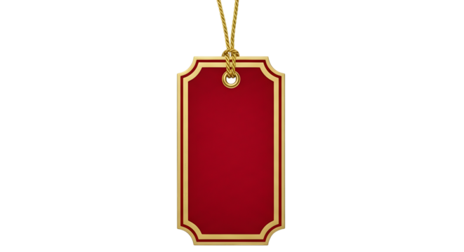 A blank red and gold decorative gift tag hanging by a gold string, isolated on transparent background