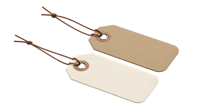 Two blank paper tags, one beige and one offwhite, with strings attached, isolated on transparent background
