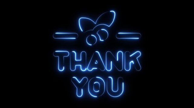 Glowing blue neon sign thank you text with abstract graphic element on black background animated motion graphic
