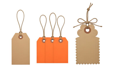 Three different types of paper tags with strings, isolated on transparent background