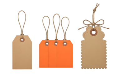 Three different types of paper tags with strings, isolated on transparent background