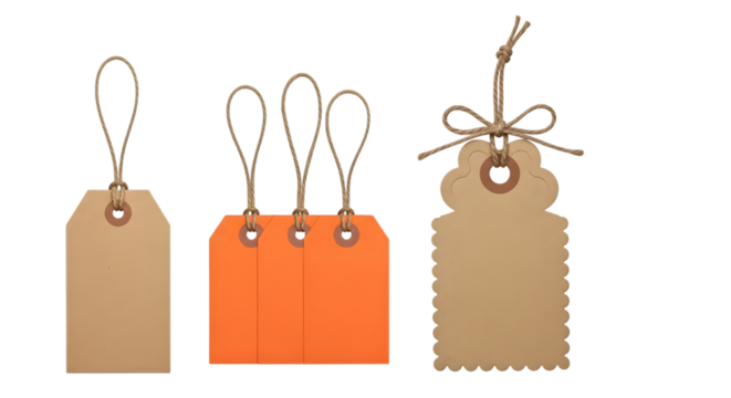 Three different types of paper tags with strings, isolated on transparent background