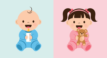 Adorable illustration of a happy baby boy in blue with a bottle and a baby girl in pink with a teddy bear, symbolizing infancy and gender.