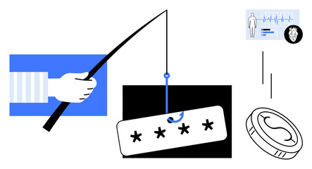 Hand holding a phishing hook with a password, coin, and personal data elements. Ideal for cybersecurity, phishing awareness, data protection, online fraud, digital safety, hacker prevention simple