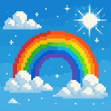 Bright pixel art rainbow arching across a blue sky with clouds and sunshine