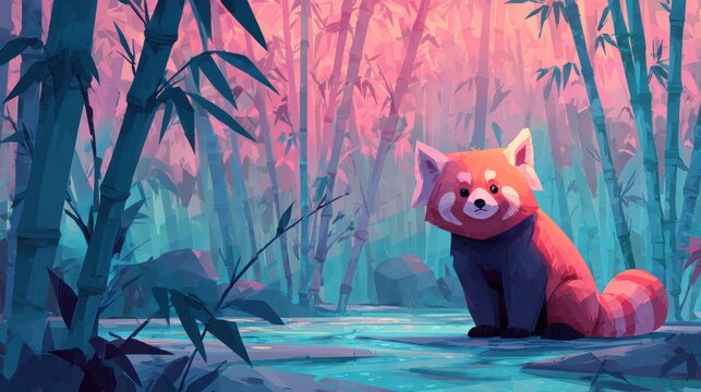 Cartoon red panda sitting in a forest setting with bamboo trees and a stream