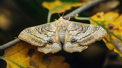 Moth resting on a green leaf with visible wing patterns, captured in natural daylight. The insect displays soft brown and beige colors, showcasing delicate antennae and textured wings in a peaceful ou