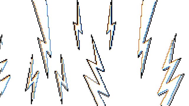 Comic Retro Pixel Art Lightning Bolts in White with Glitch Effect on White Background. The 8-bit animation loop, energetic vintage look, gaming intros, pixel art projects
