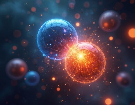 Blue, orange spheres collide in brilliant explosion of energy. Matter, antimatter particles interact creating intense light. Illustration represents fundamental physics concepts with dynamic visual