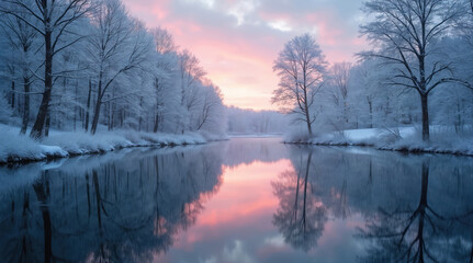 Snowy winter forest surrounds a calm river at sunrise. Frost covered trees and a pink sky reflect on the still water. A serene, cold, and beautiful nature landscape.