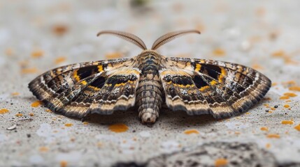 Moth resting on a green leaf with visible wing patterns, captured in natural daylight. The insect displays soft brown and beige colors, showcasing delicate antennae and textured wings in a peaceful ou