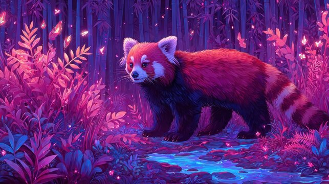 Digitally enhanced image of a red panda wandering through a fantasy forest setting