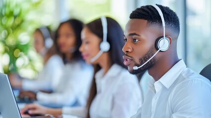 Focused Communication: A team of customer service representatives, each donned with headsets, engaged in providing support and assistance, fostering connections and driving effective communication. - Powered by Adobe
