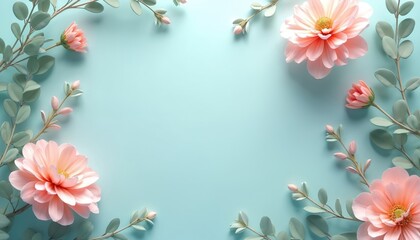 Soft pastel paper flowers and eucalyptus branches create a delicate frame on a light blue background. Gentle blooms and leaves suggest spring or summer themes for invitations and decor.