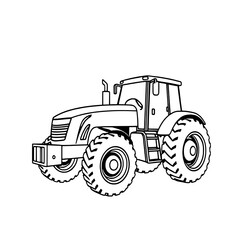 Obraz premium Flat Black Outline Vector Illustration of a Modern Farm Tractor, Angled Front-Left View, on a Plain White Background