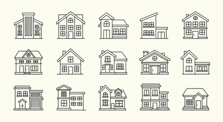 A collection of various house and home outline icons, depicting different architectural styles and designs, suitable for real estate or residential themes.