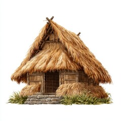 Traditional thatched hut with stone foundation isolated on white background