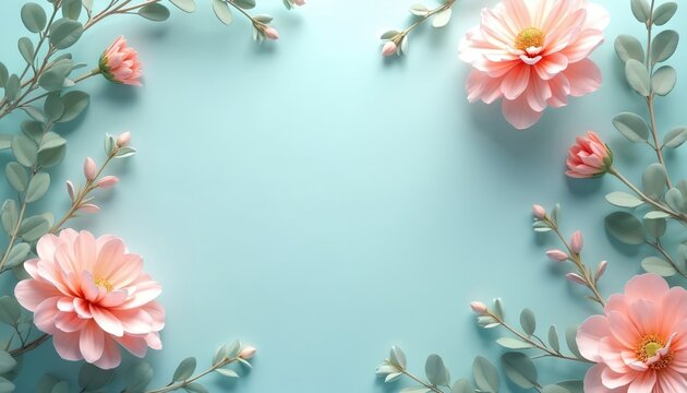 Soft pastel paper flowers and eucalyptus branches create a delicate frame on a light blue background. Gentle blooms and leaves suggest spring or summer themes for invitations and decor.