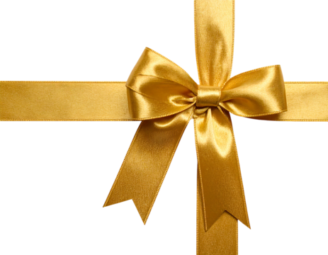 Golden satin ribbon tied into a bow, crossing at the center against a stark black background