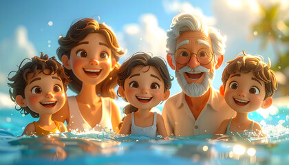Joyful Animated Family of Five Enjoying a Fun Moment Together at a Vibrant Swimming Pool