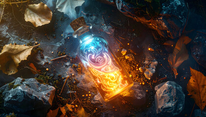 Mesmerizing Flat Lay of a Magic Potion Bottle with Swirling Blue and Orange Light on a Dark Fantasy Forest Floor