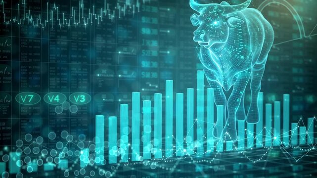 Bull Market Rising: Digital representation of a charging bull superimposed on stock market data, symbolizing growth and positive financial trends.