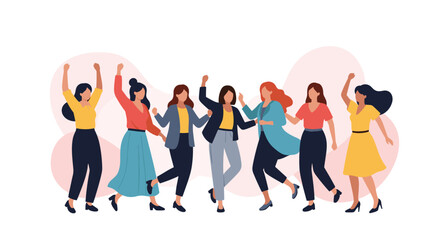 Obraz premium Seven diverse women joyfully celebrating and dancing together, symbolizing empowerment, unity, and friendship in a vibrant atmosphere.