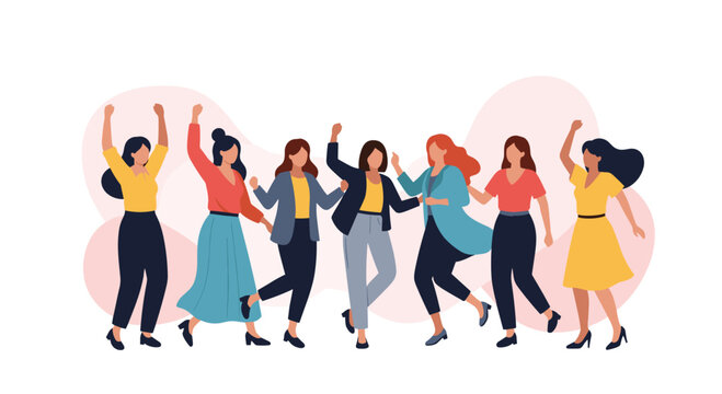 Seven diverse women joyfully celebrating and dancing together, symbolizing empowerment, unity, and friendship in a vibrant atmosphere.