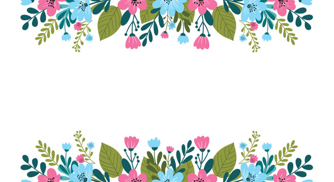 Beautiful botanical frame featuring delicate pink and blue blossoms and lush green foliage, perfect for springtime designs.