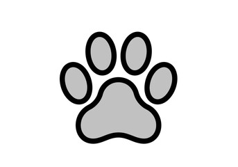 A simple, gray paw print illustration with a black outline, commonly associated with pets.