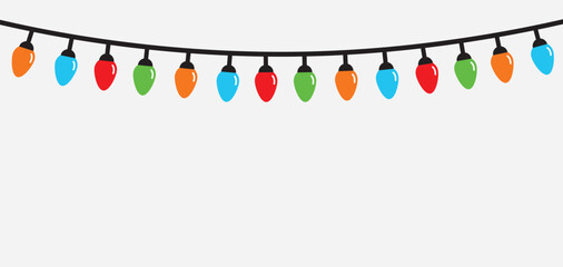 Lightbulb glowing garland line. Christmas lights set. Colorful string fairy light. Cartoon festive holiday xmas decoration. Simple Flat design. Whitebackground. Isolated. Vector illustration