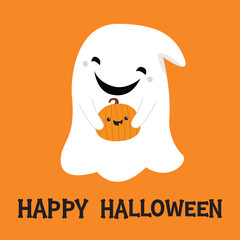 Happy Halloween. Ghost spirit holding pumpkin. Funny creepy smiling face. Cute cartoon kawaii baby character. Eyes, teeth. Greeting card. Sticker print. Flat design. Orange background Isolated. Vector