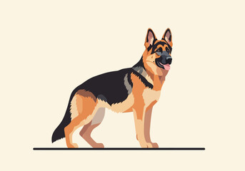A flat vector illustration of a German Shepherd dog standing in profile against a plain light background.