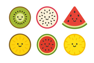 Fototapeta premium Happy tropical fruit slices characters including kiwi, dragon fruit, watermelon, and pineapple