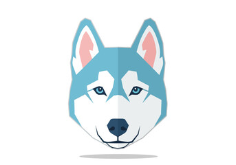 A stylized, geometric illustration of a husky dog's face with piercing blue eyes and a light blue and white coat.