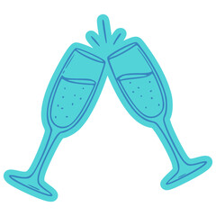 A stylized illustration of two blue champagne glasses clinking together in a celebratory toast.