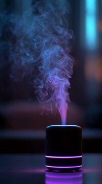 Modern essential oil diffuser with glowing purple light emitting colorful blue and pink mist, creating a calming aromatherapy atmosphere indoors.