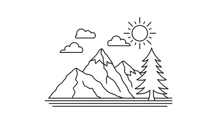 Minimalist Mountain Landscape with Sun and Clouds Outline.