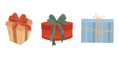 Gift boxes with bows set. Present boxes for Christmas, birthdays, weddings. Different Gift boxes. Holiday elements 