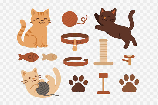Cute feline characters and playful kittens with essential pet supplies