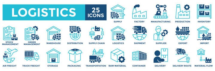 Logistics icon collection set. Containing supply, factory, manufacturing, production, inventory, stock management, order management, warehouse icon. Simple dual tone vector illustration.	