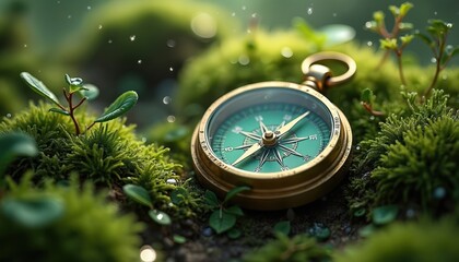 Golden compass rests on lush green mossy ground with water drops. Small plants grow around, suggesting nature exploration. Gentle light shines on tranquil forest floor.