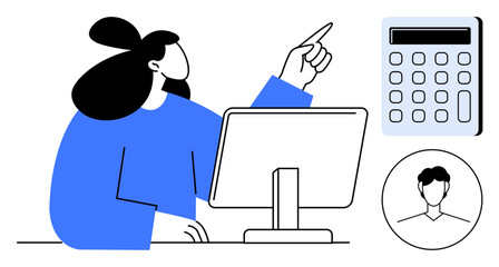 Woman working on a desktop computer, pointing while reviewing information. Nearby, a calculator and profile circle. Ideal for business, technology, education, teamwork, data review communication