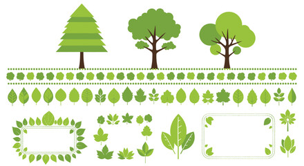 Green tree and leaf illustrations for nature, environment, and ecological design elements and graphic resources.