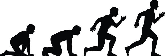 Human silhouette, running progression, motion evolution, black graphic, vector illustration, posture transition, athletic figure, activity sequence, dynamic design, 